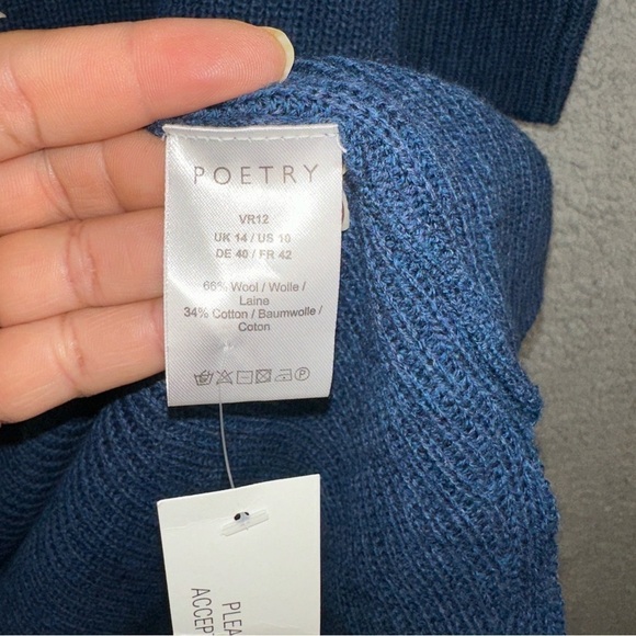 Poetry Sweater Dress Womens 10 Blue Funnel Neck Knit Wool Blend Y2K Boho NEW - Picture 2 of 10